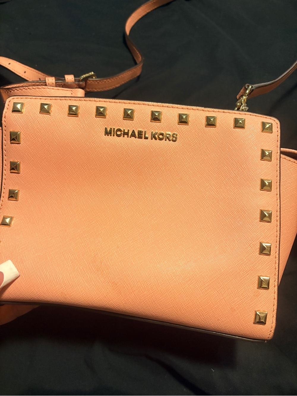 Michael Kors Coral Saffiano Crossbody with Gold Pyramid Studs